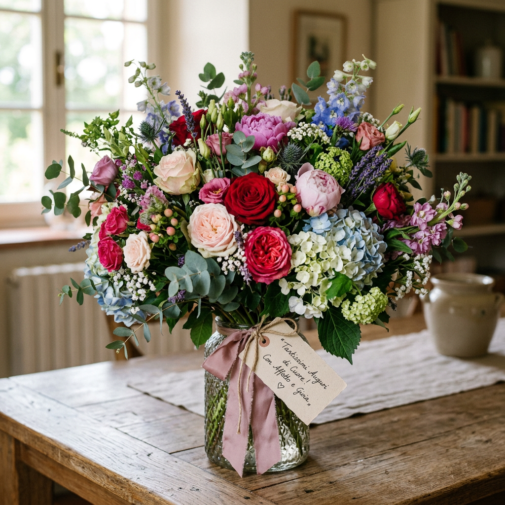 Colorful bouquet of roses, peonies, hydrangeas, and greenery in a glass jar on wooden table