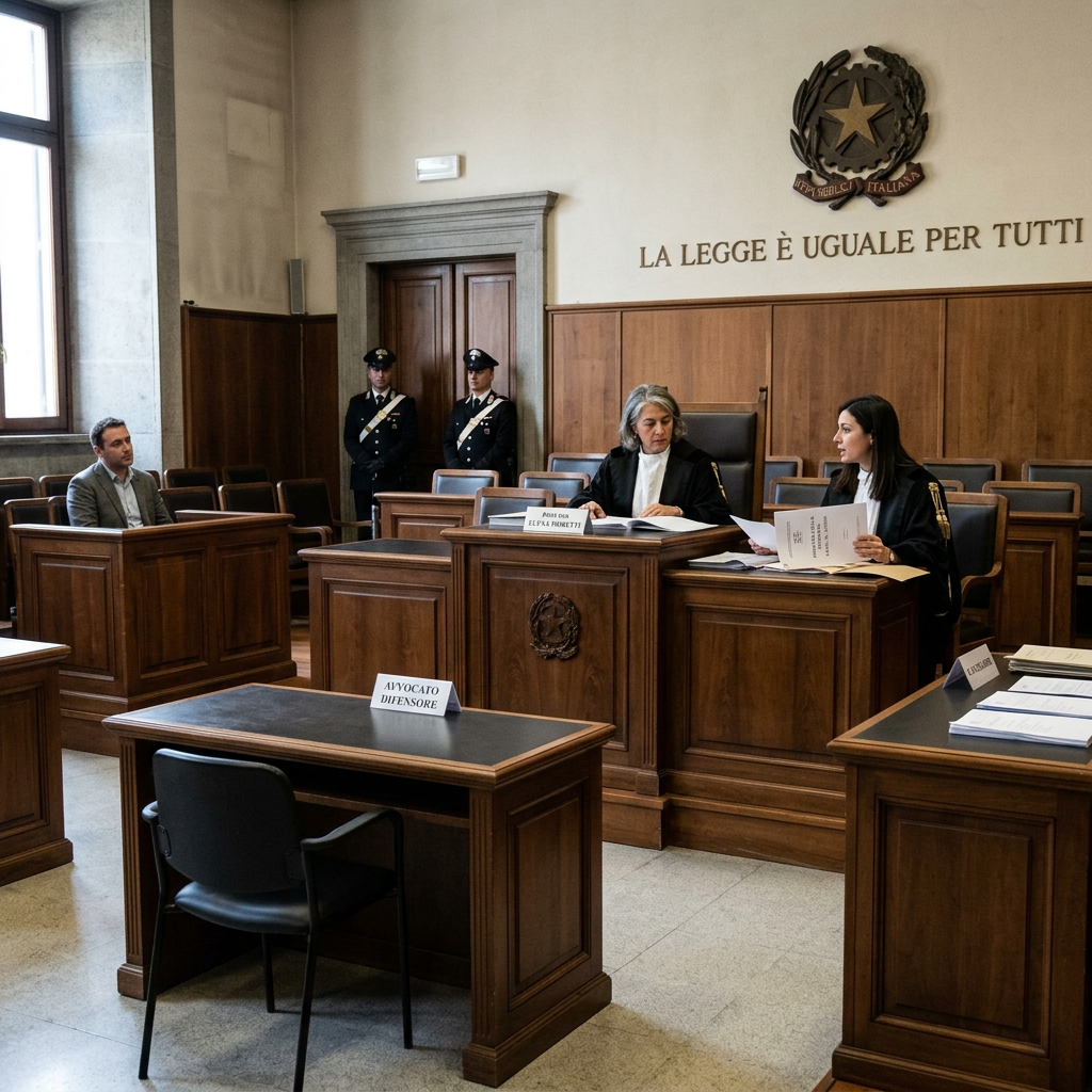 Judges reviewing documents in an Italian courtroom with defendant and guards