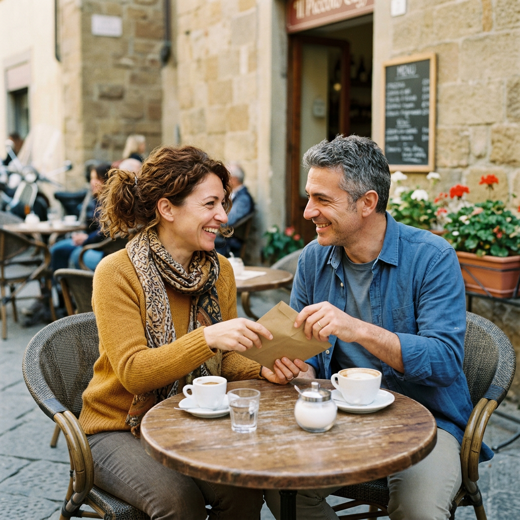 Couple sitting at a café table exchanging an envelope with coffee cups