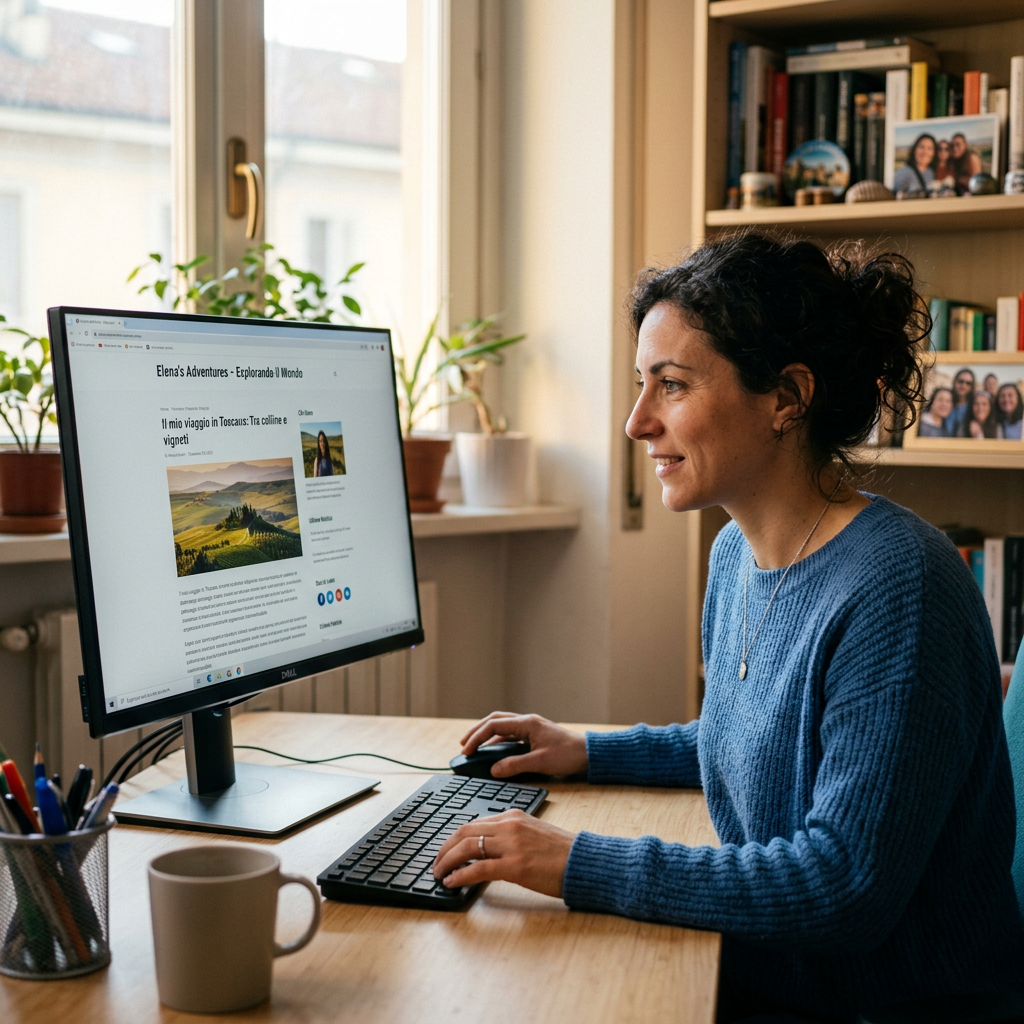 Woman working on a travel blog about Tuscany on a desktop computer