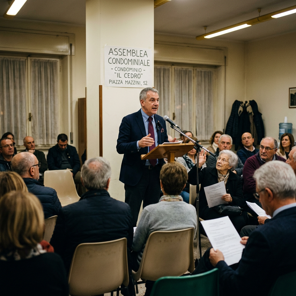Man addressing a condominium assembly while residents listen and hold papers