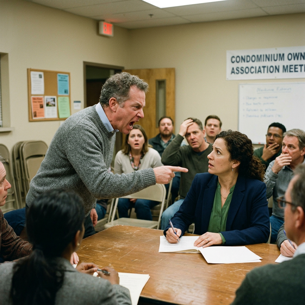 Man angrily pointing and yelling at woman while others watch at condominium association meeting