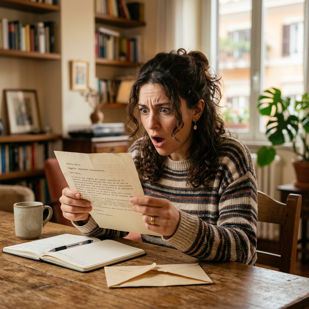 Woman sitting at a wooden table looking shocked while reading a letter