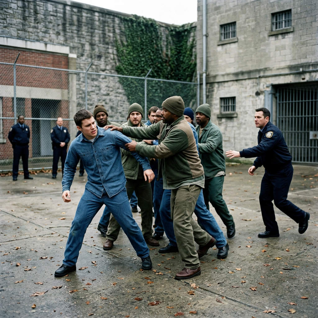 Group of inmates in a prison yard restraining a struggling man while guards approach