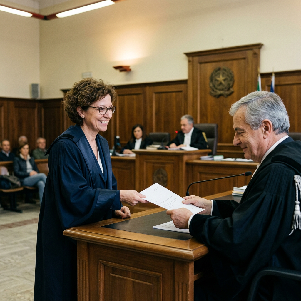 Female lawyer handing a document to male judge in courtroom