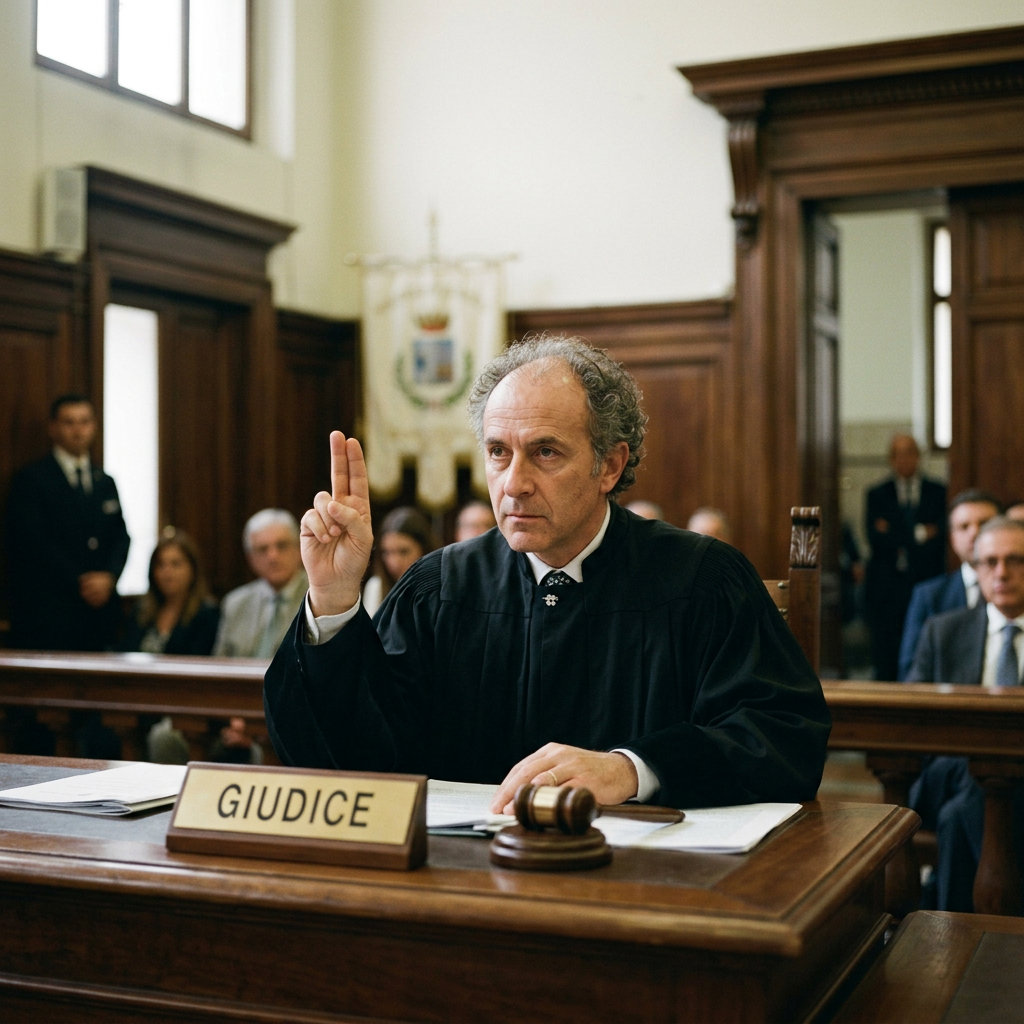 Italian judge in black robe raising hand in courtroom with gavel and nameplate reading Giudice