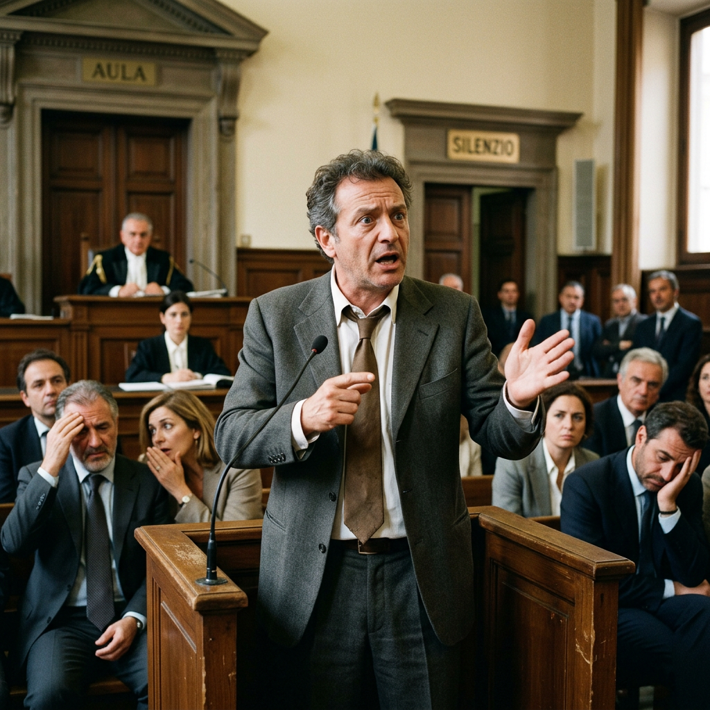Lawyer speaking passionately at a courtroom podium with attentive people in the background