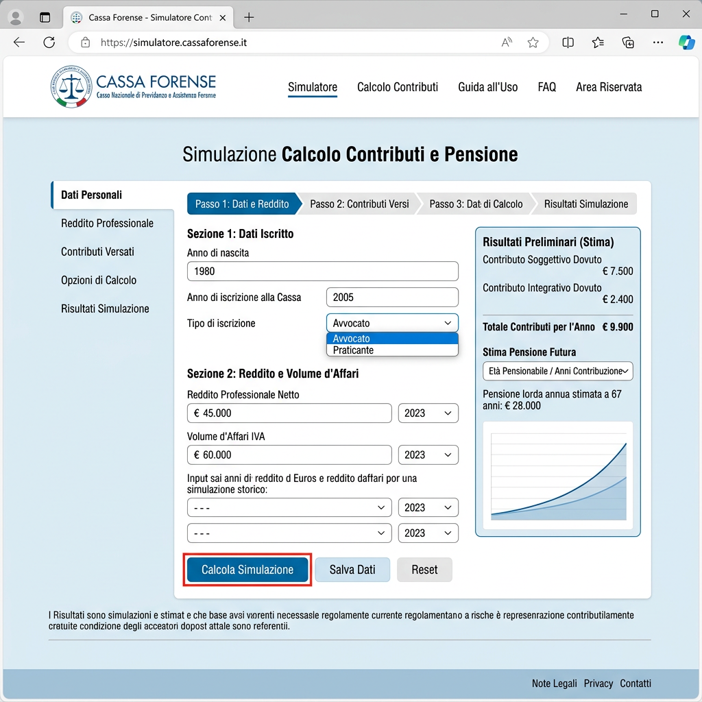 Webpage showing pension and contribution simulator for legal professionals with input fields and results
