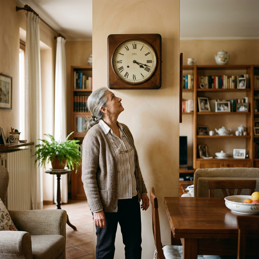Elderly woman standing in living room looking at vintage wall clock showing 3:13