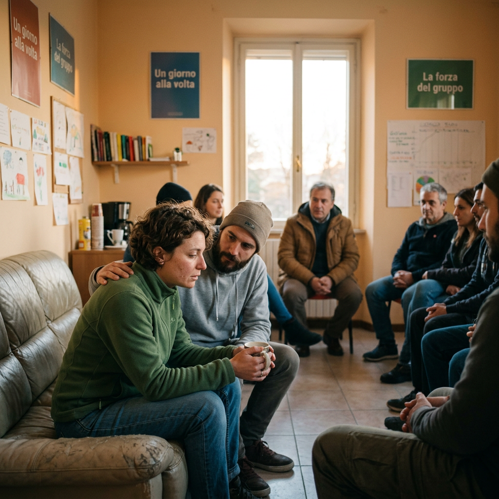 Group therapy session with a man comforting a distressed woman