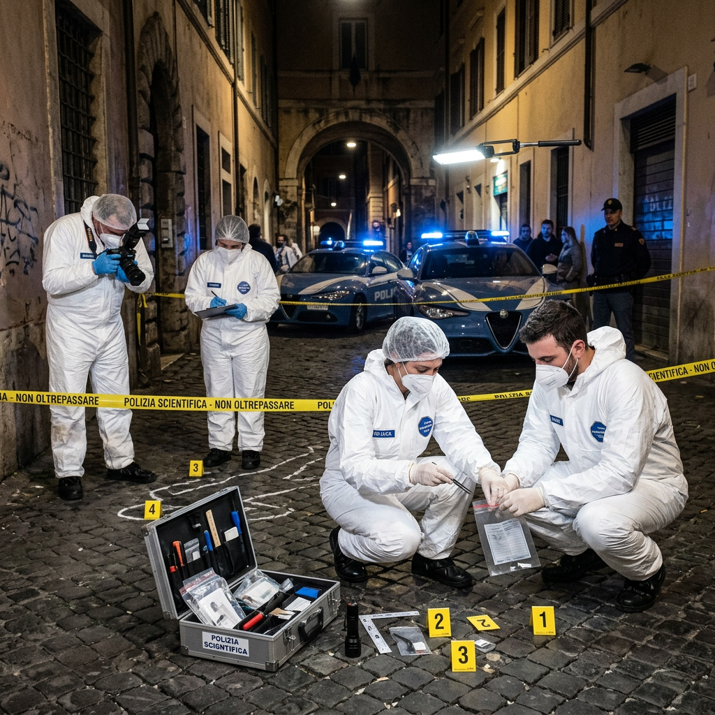 Forensic officers in white suits collecting evidence behind police tape at crime scene with police cars