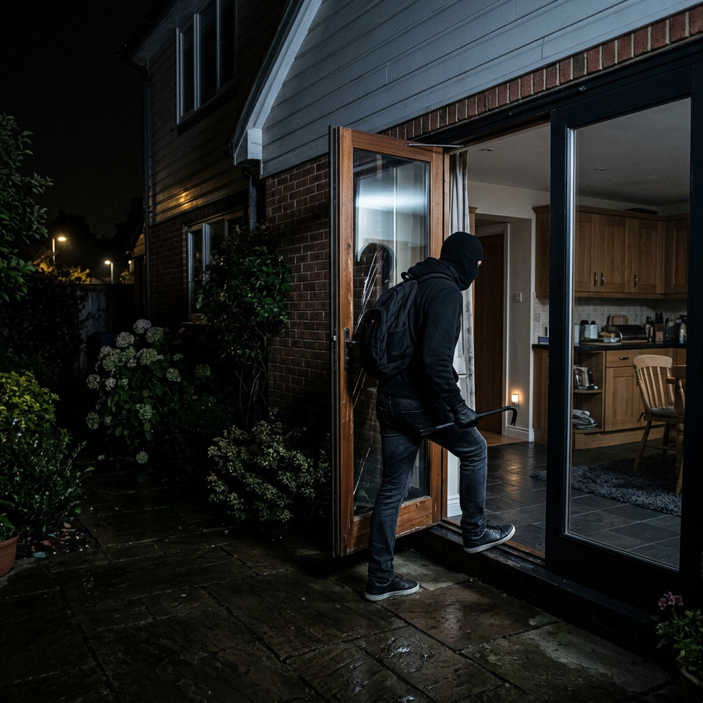 Masked person entering house through open door with crowbar at night