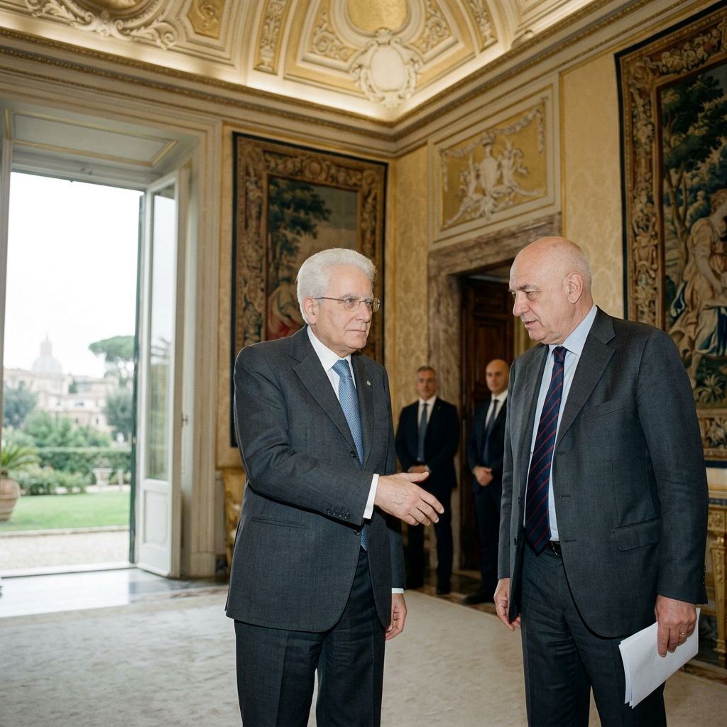 Two men in suits, one extending his hand, in a richly decorated room with tapestries and open doors to a garden.