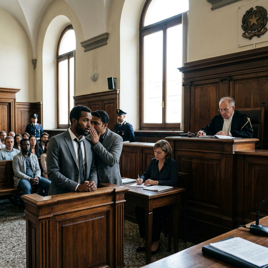 Defendant listening to lawyer whispering in a courtroom with judge and audience