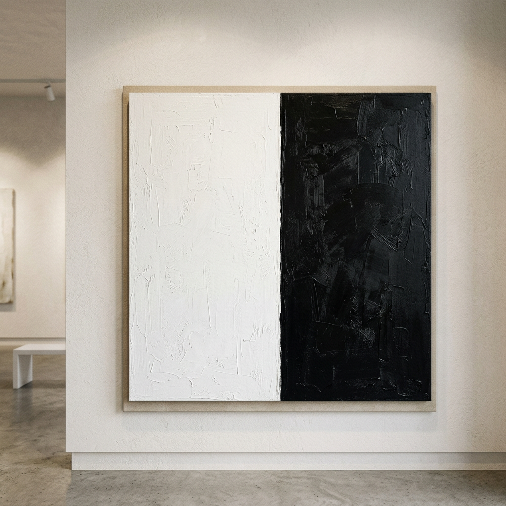Abstract painting split vertically into textured white and black sections