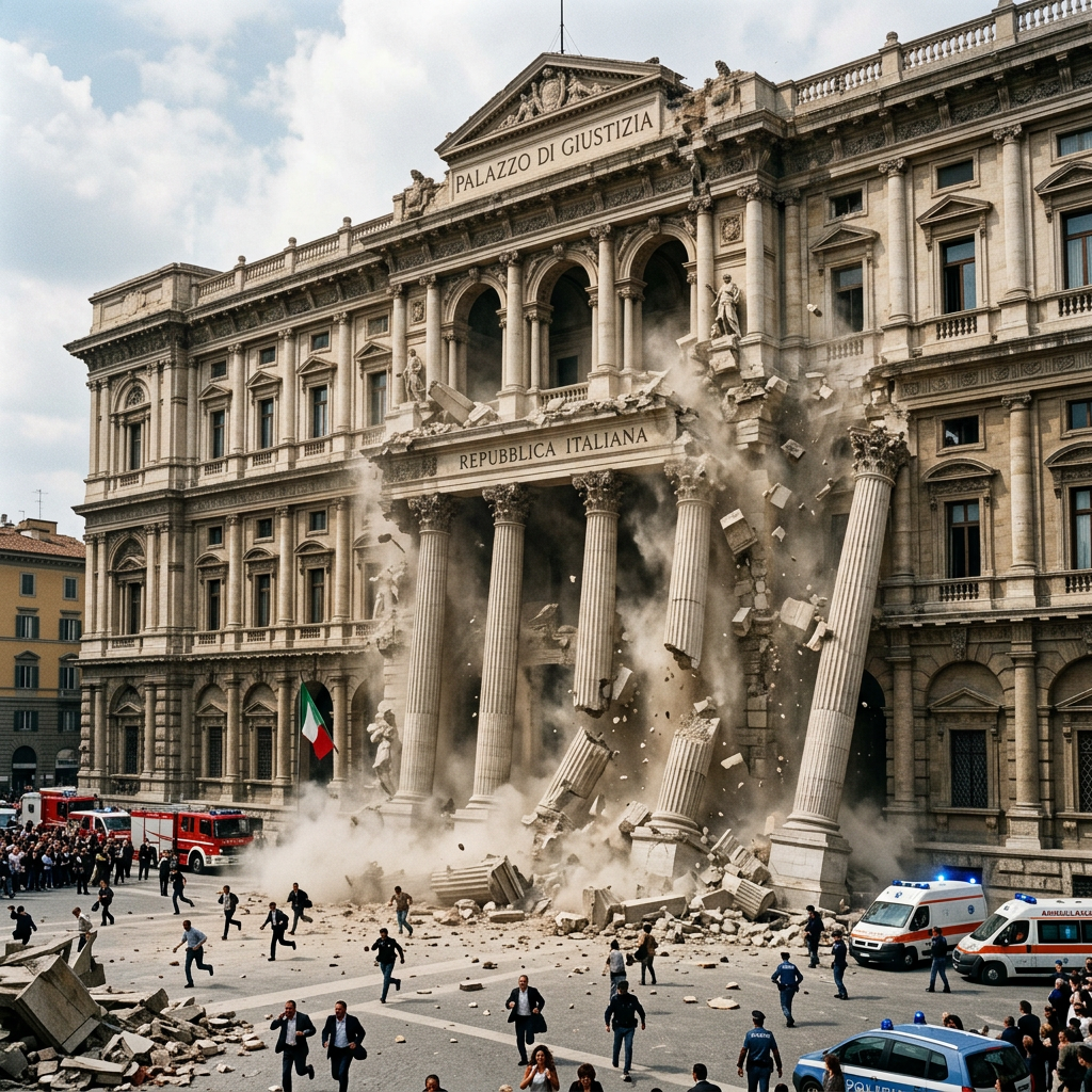 Front columns of Italian courthouse collapsing with people running and emergency vehicles present