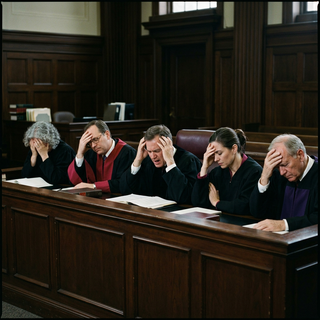 Five judges in robes sitting at a bench with hands on their foreheads.
