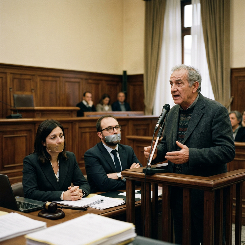 Man speaking at microphone in courtroom with two taped-mouth lawyers sitting beside him