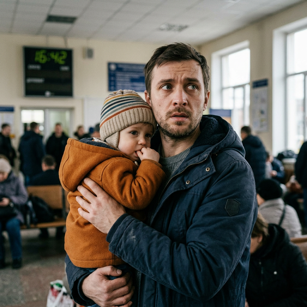 Father holding young child wearing striped knit hat and orange jacket indoors