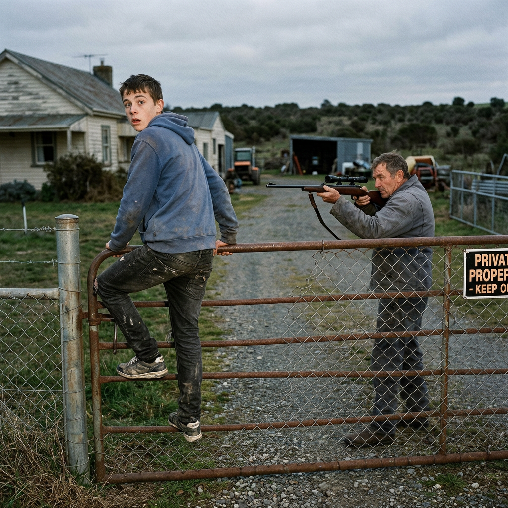 Young man climbing gate while older man aims rifle at him on private land