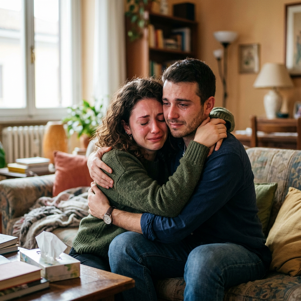 Couple hugging and crying together on a couch in a living room