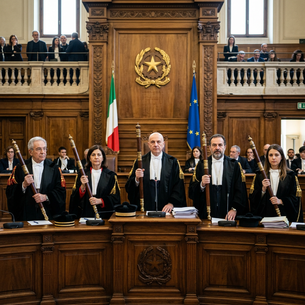 Five Italian judges wearing black robes holding ceremonial staffs in a courtroom with Italian and European Union flags.