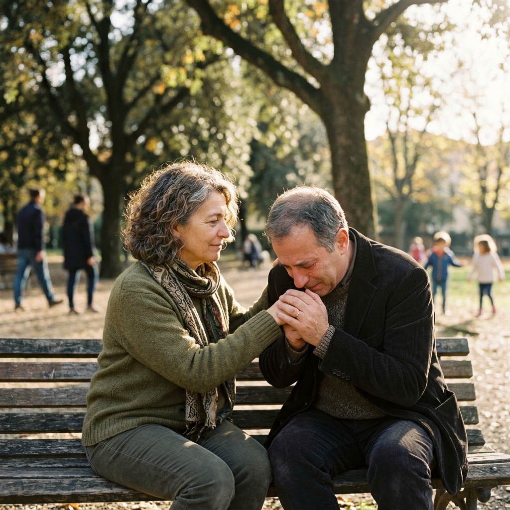 A mature man holding and kissing a woman's hand as she comforts him on a park bench
