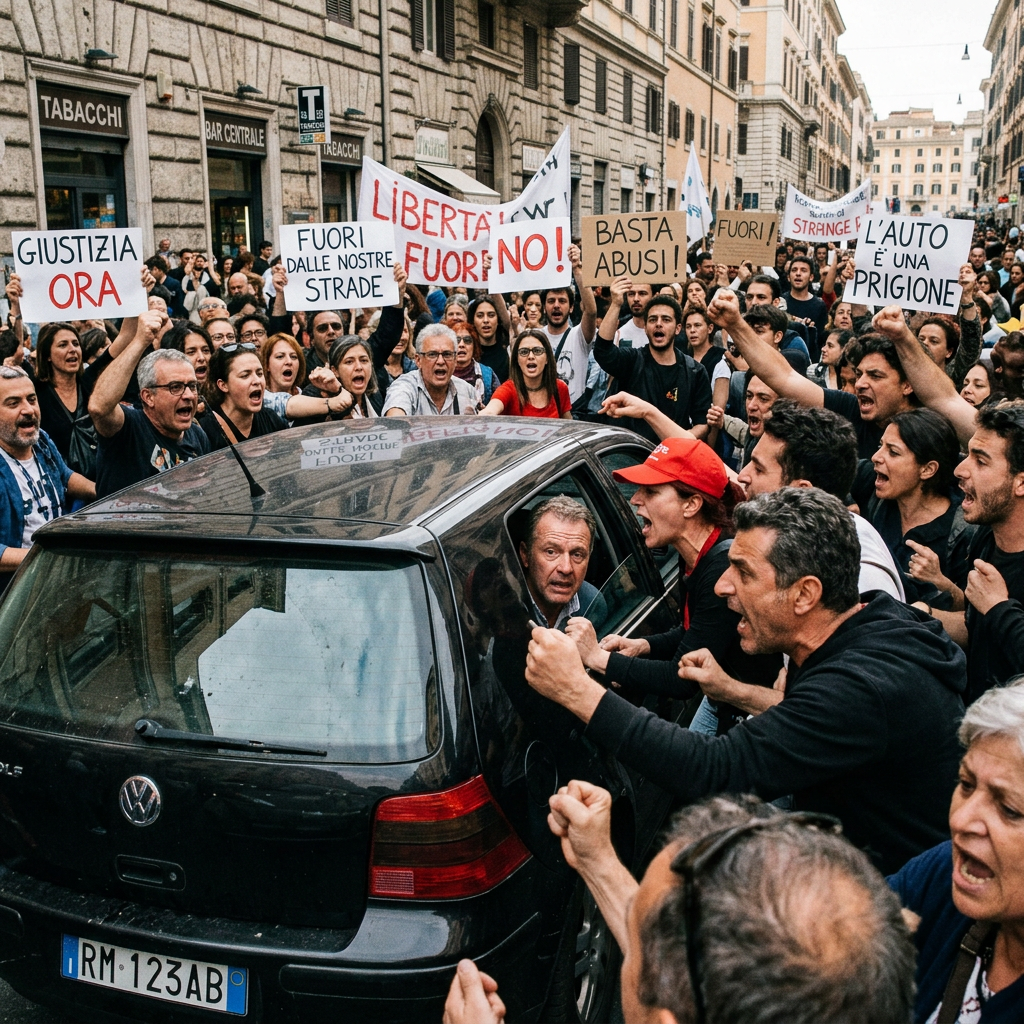 Crowd of protesters holding Italian signs confronting a man in a black Volkswagen car