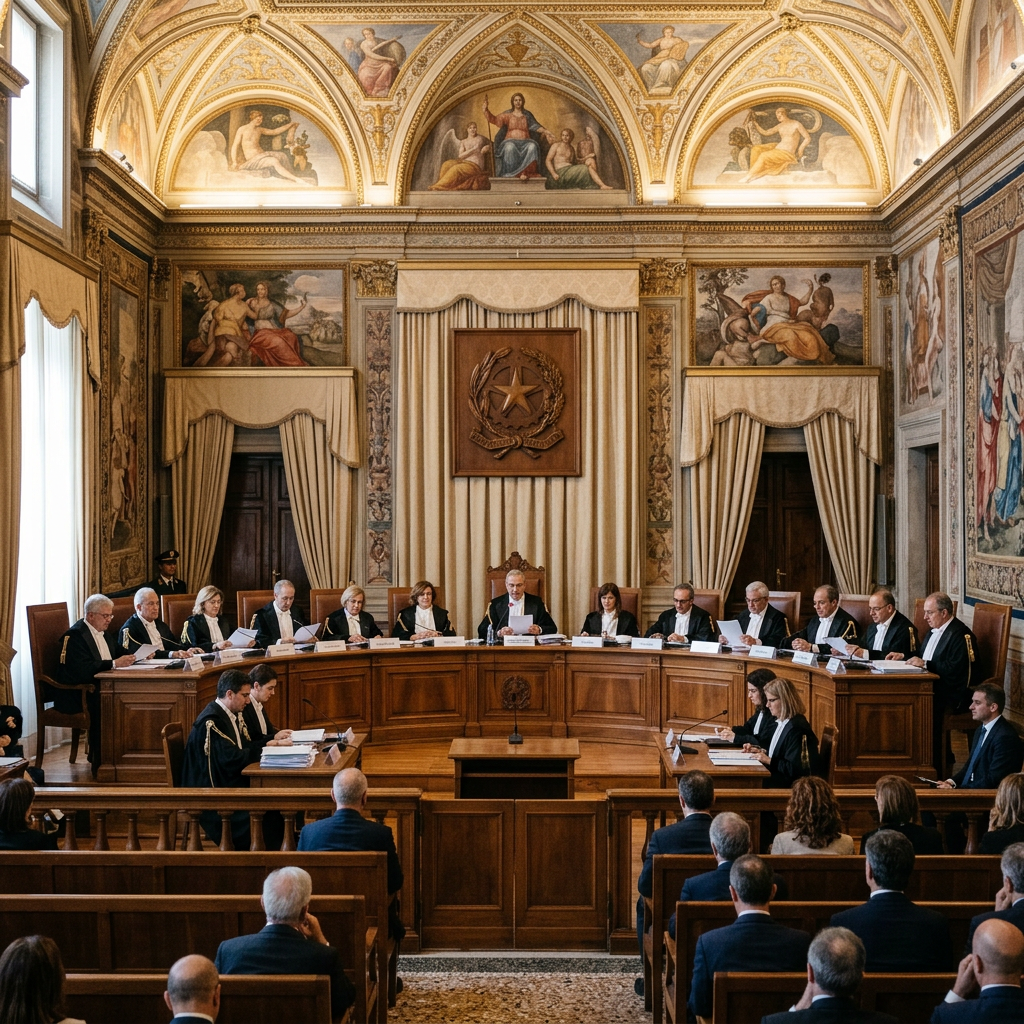 Judges seated in semicircle in Italian Supreme Court with frescoed walls and audience