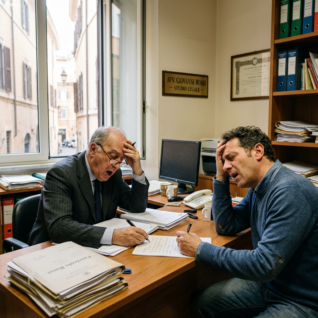Two men with worried expressions reviewing legal papers in a lawyer's office