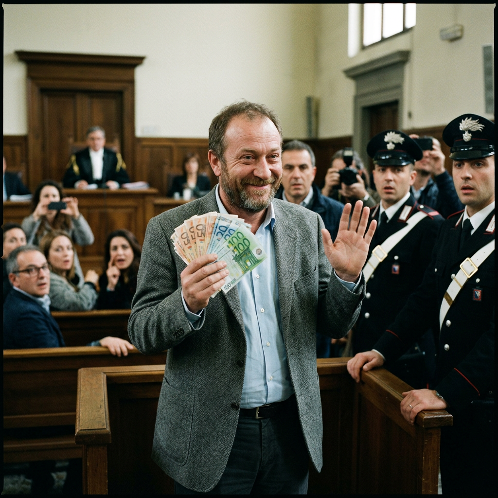 Man holding euro banknotes in a courtroom surrounded by officers and spectators