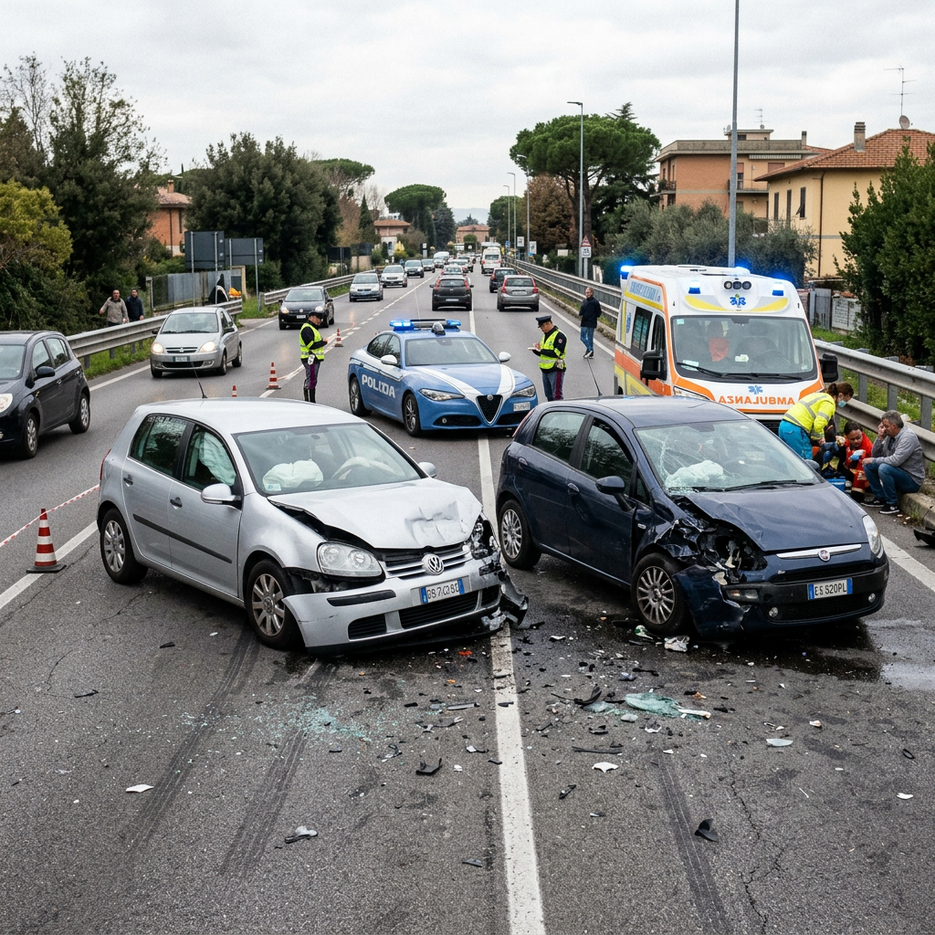 Two damaged cars after a head-on collision on a road with police and ambulance nearby
