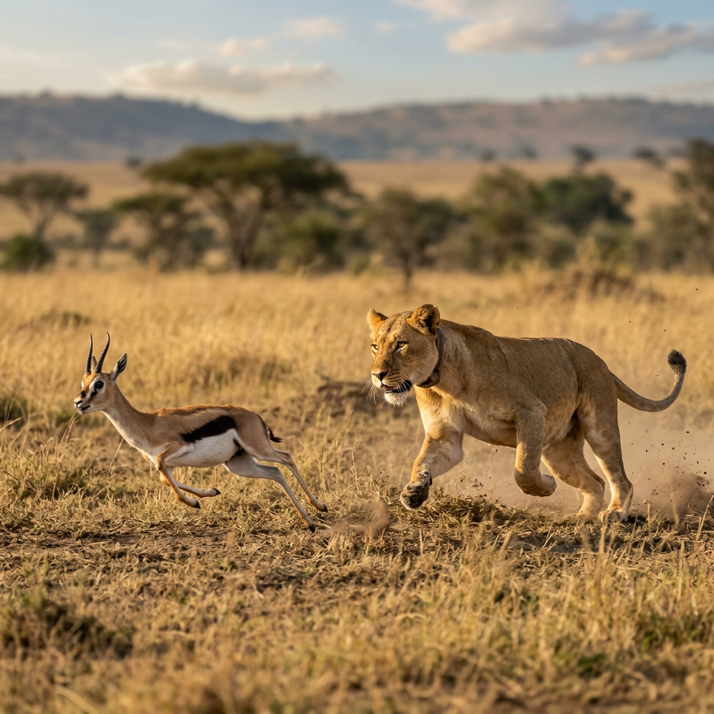 Lioness chasing a gazelle across dry grassland