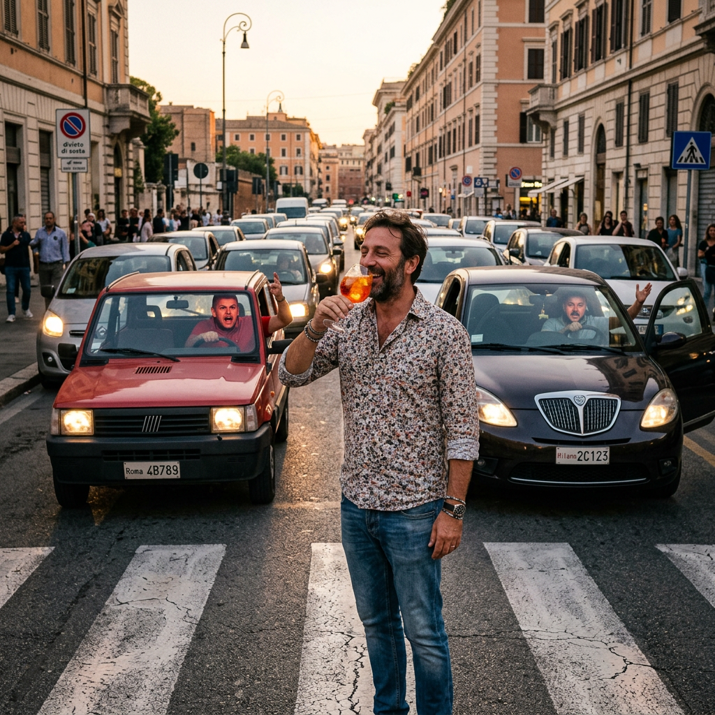 Man drinking cocktail while standing on crosswalk in busy city street with cars and pedestrians