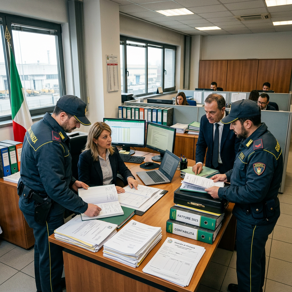 Two Italian customs officers examining documents with office workers in a modern office setting