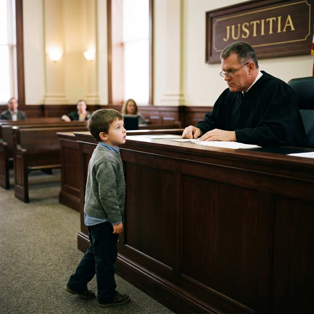 Young boy standing at courtroom bench facing judge in black robe