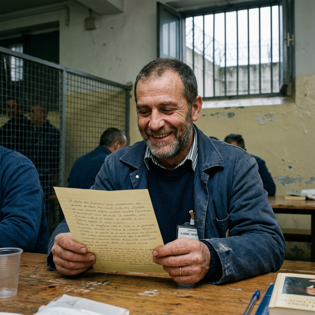 Man with beard reading handwritten letter at wooden table in prison