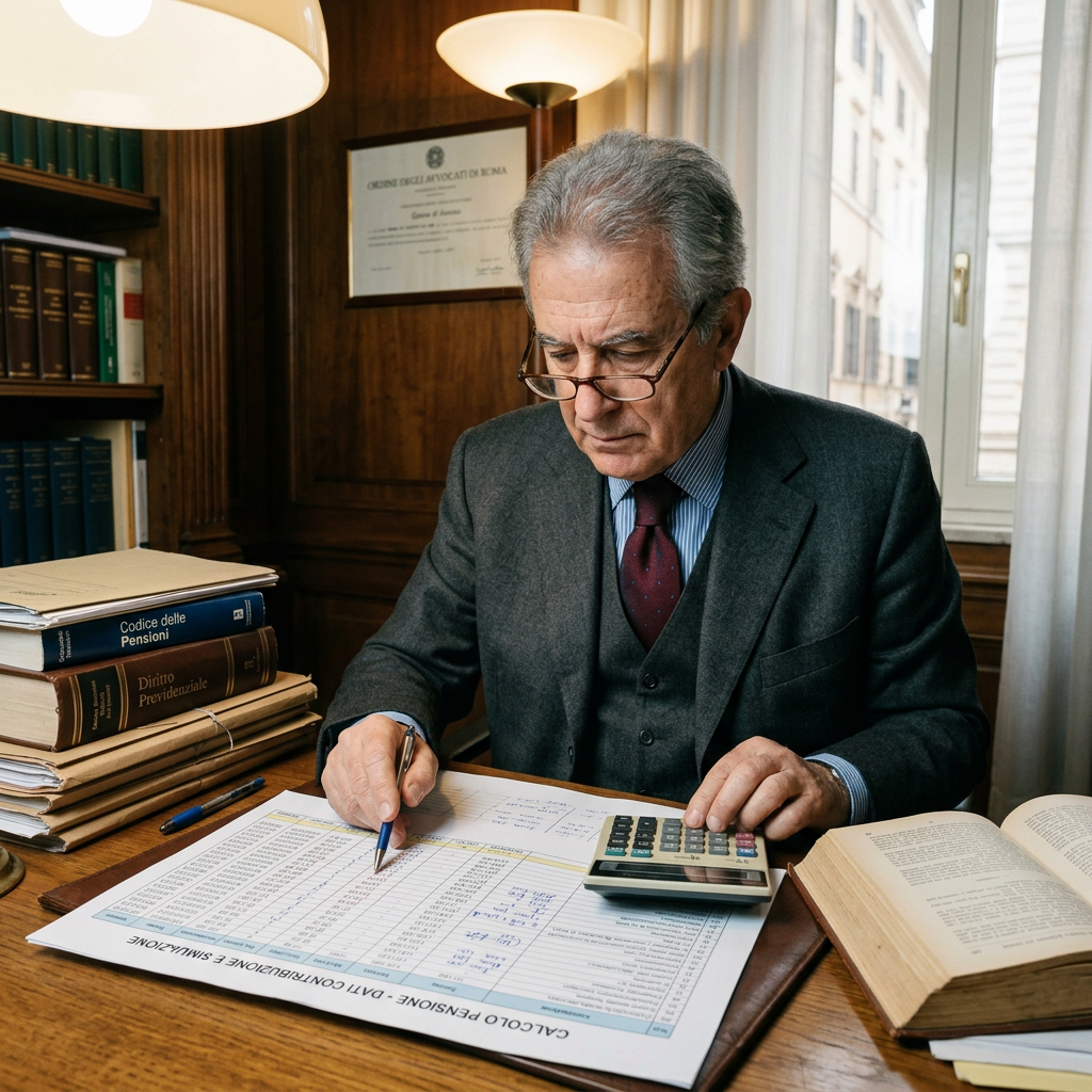 Older man in suit calculating pension contributions with a calculator and documents