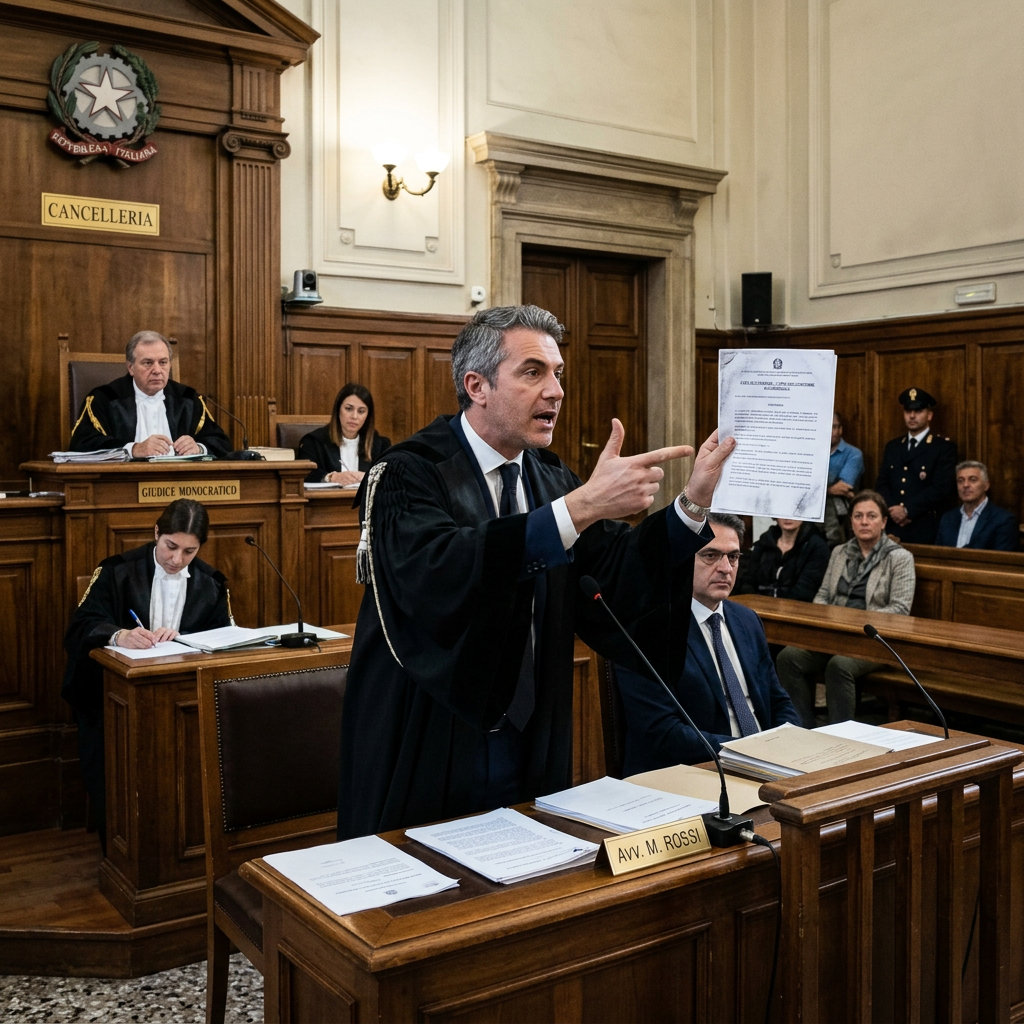 Lawyer holding and pointing to a document while speaking in courtroom