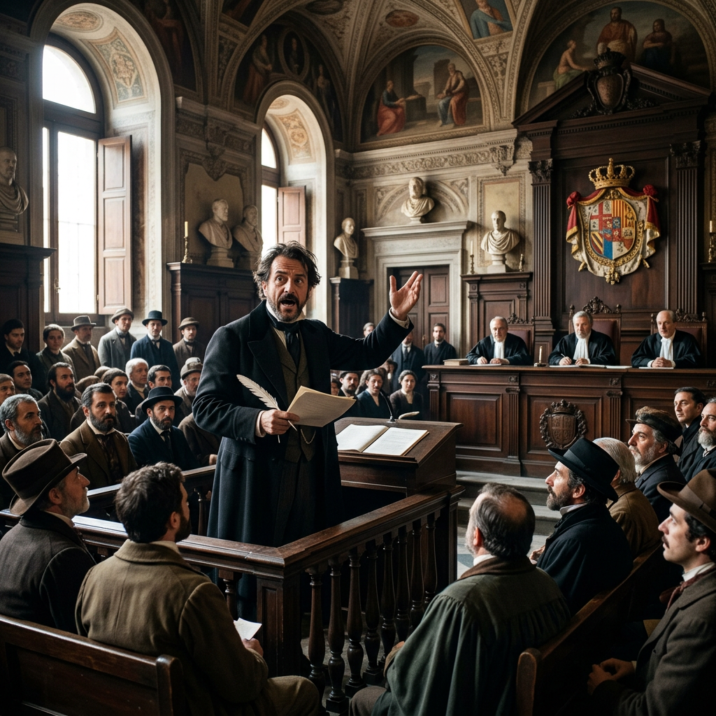 19th-century courtroom with lawyer speaking to judges and audience