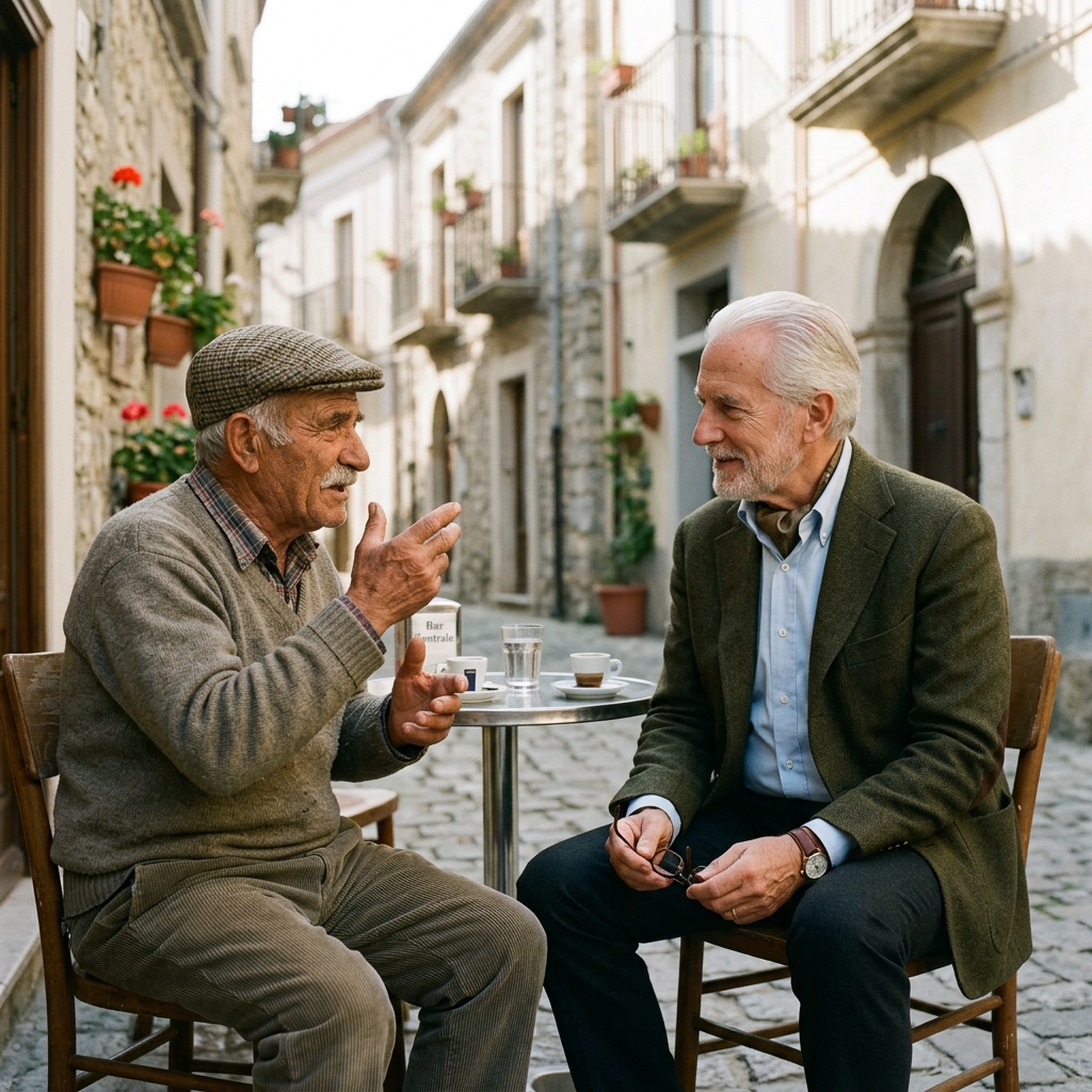 Two elderly men sitting at an outdoor cafe table, talking and enjoying coffee