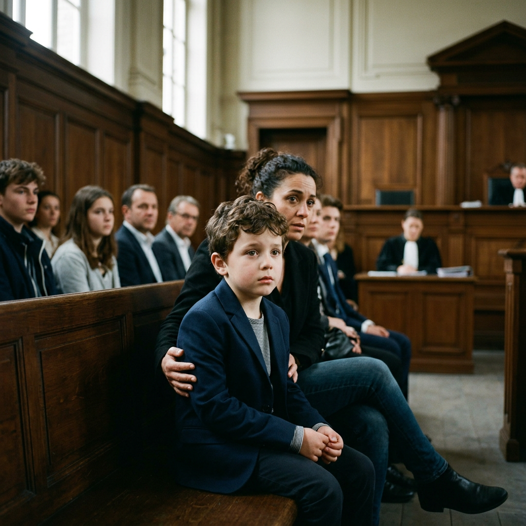 Mother comforting young son in courtroom with judge and attendees