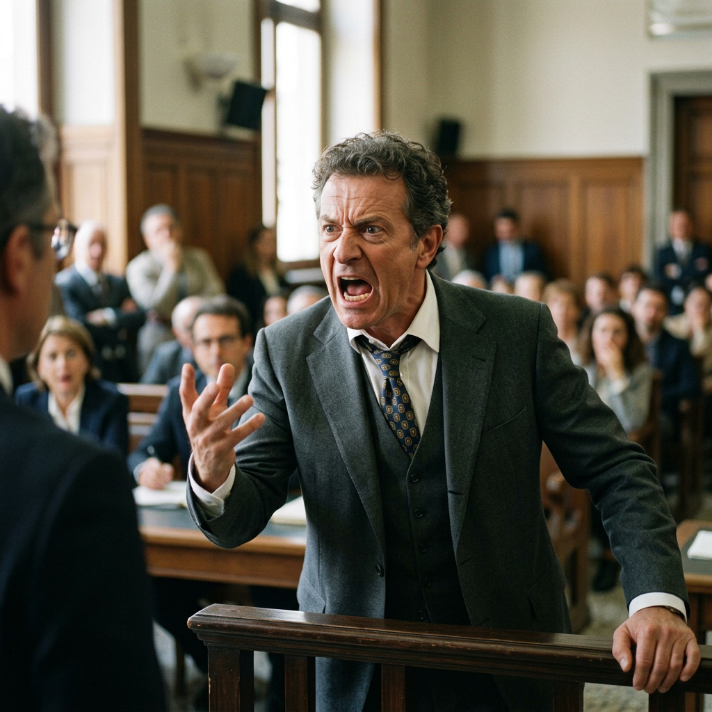 Man in suit angrily arguing in a courtroom with audience behind him