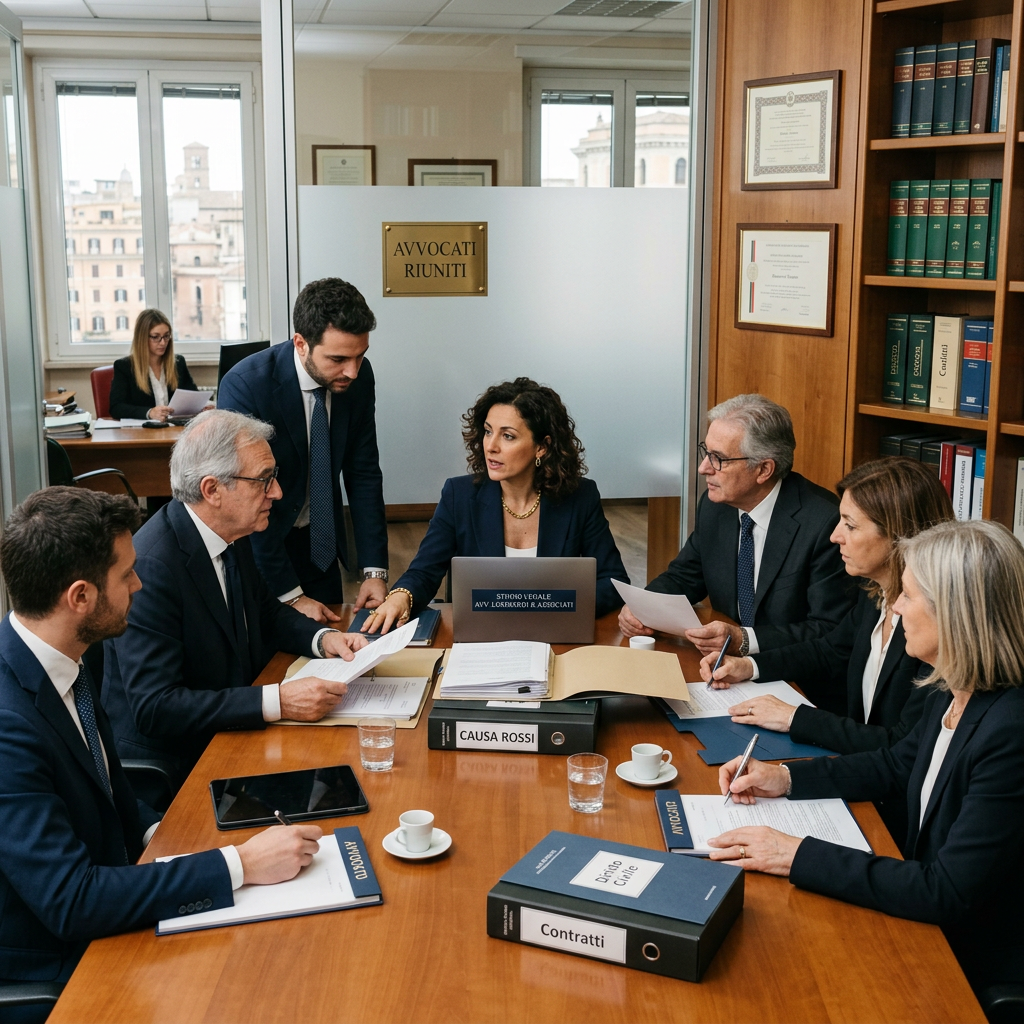 Six lawyers reviewing papers and discussing case in office conference room