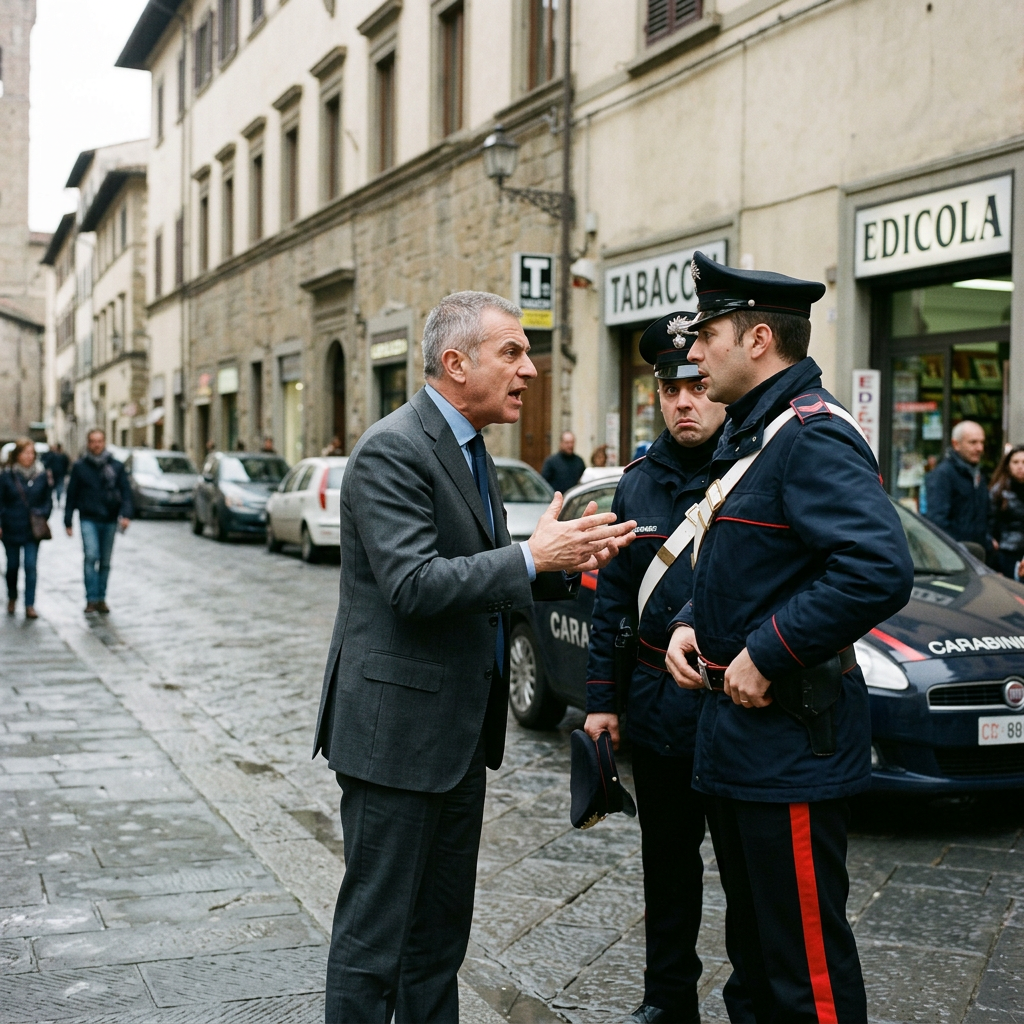 Man in gray suit speaking emphatically to two uniformed Italian Carabinieri officers on a city street