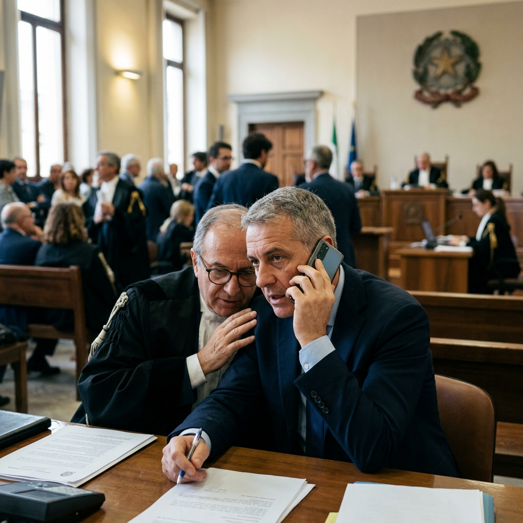 Two men in a courtroom consulting over documents with one talking on a phone