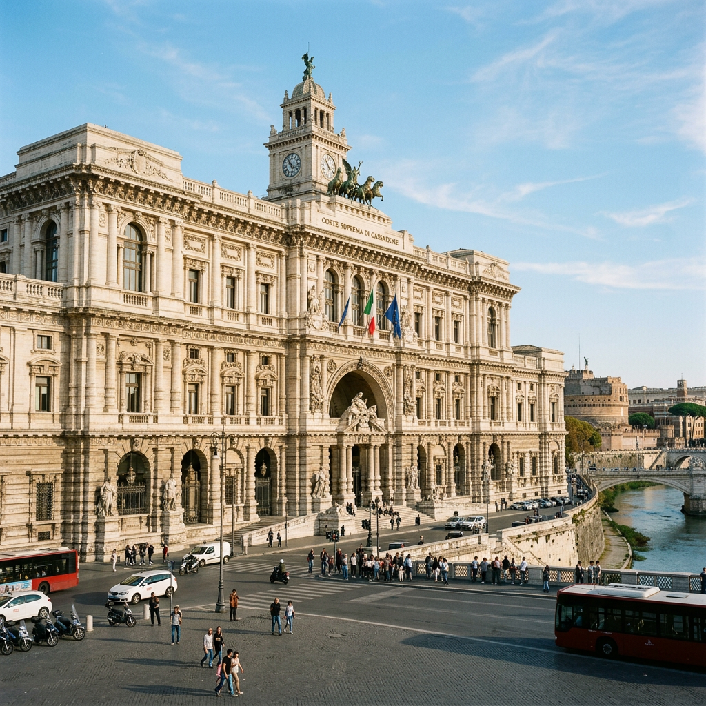 Corte Suprema di Cassazione courthouse by Tiber River with people and vehicles nearby