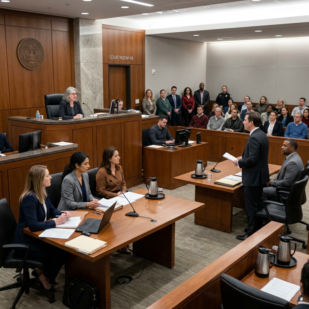 Lawyer addressing the court with judge, jury, and audience in courtroom