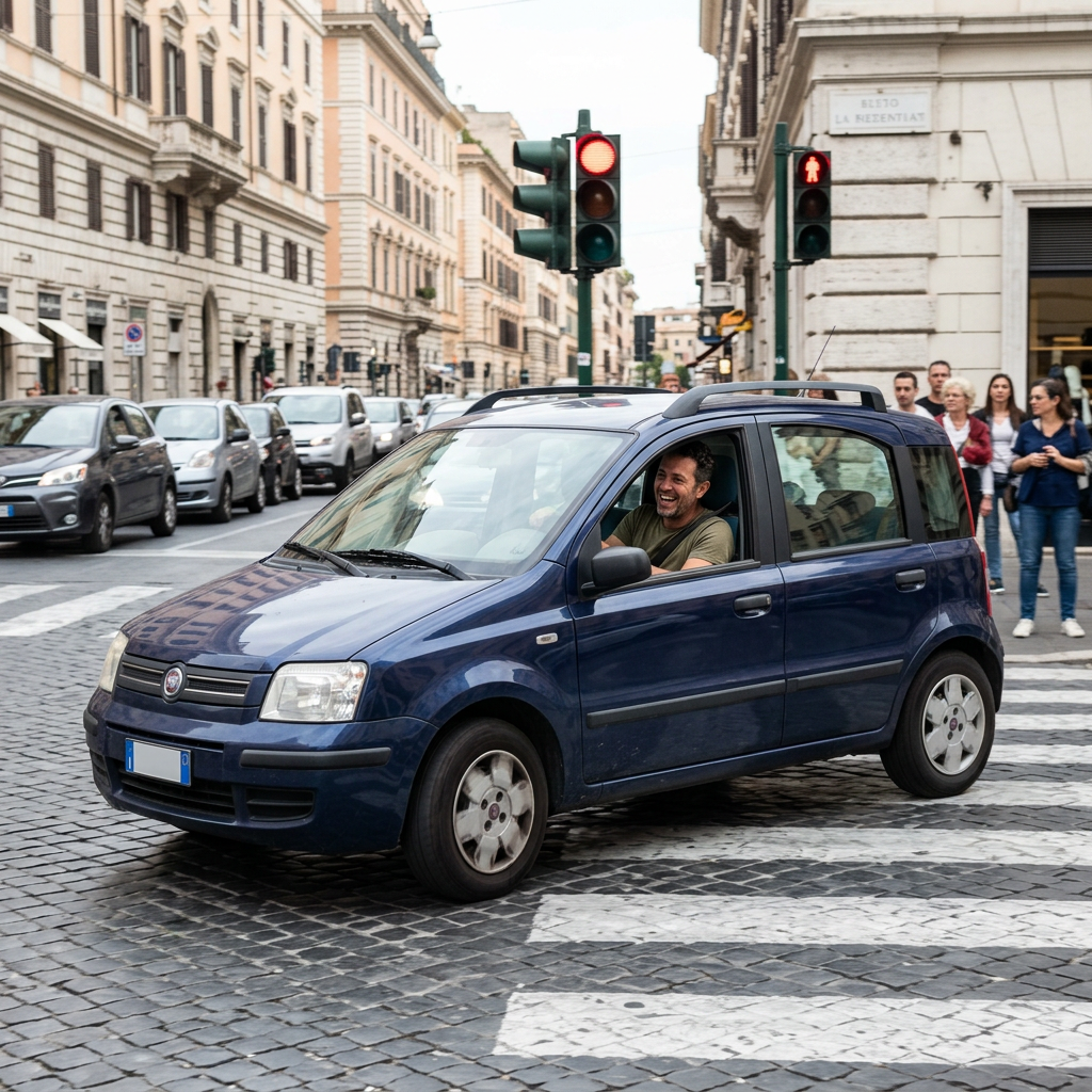 Blue car stopped at red traffic light with driver smiling and pedestrians waiting to cross
