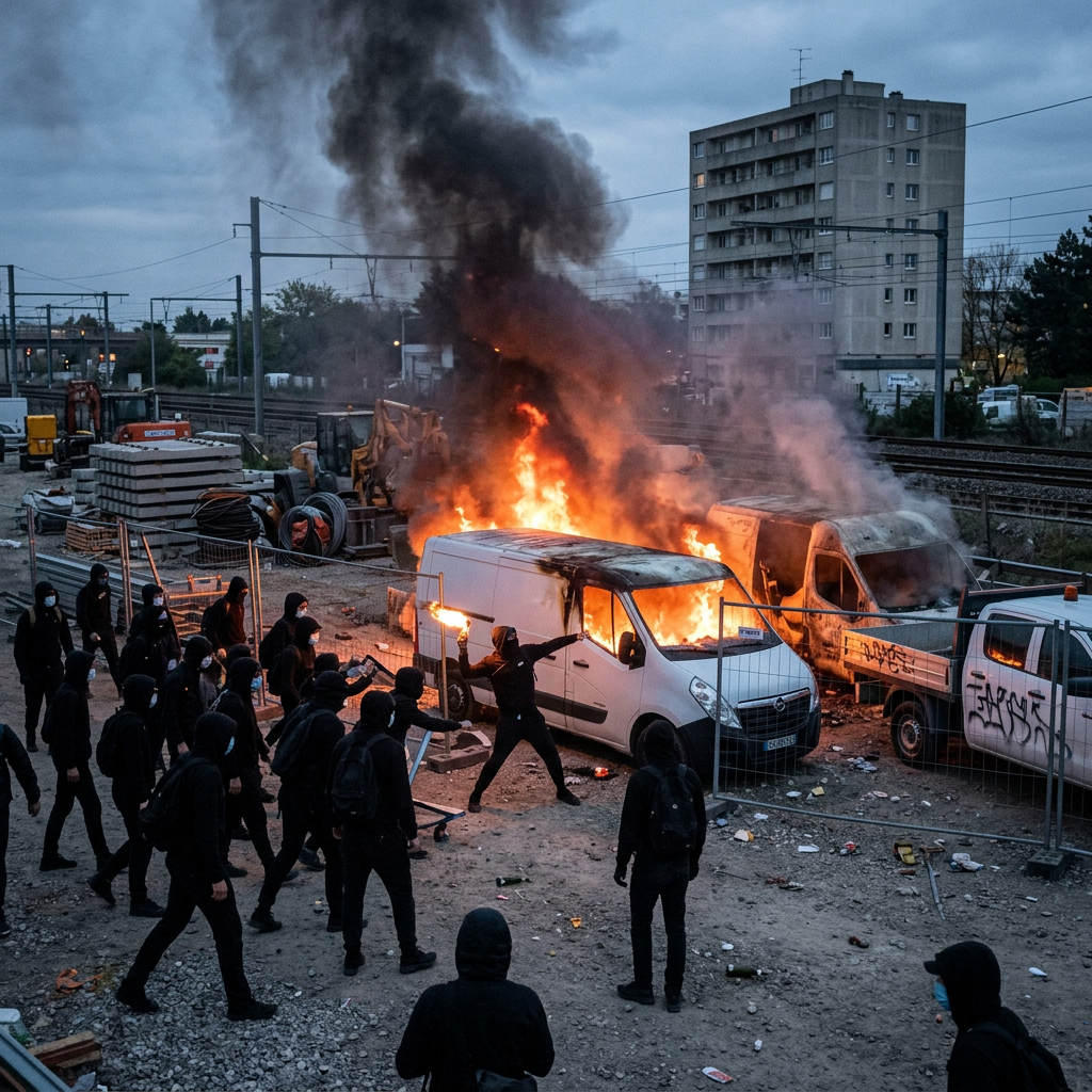 Group of masked protesters near burning vans at a construction site